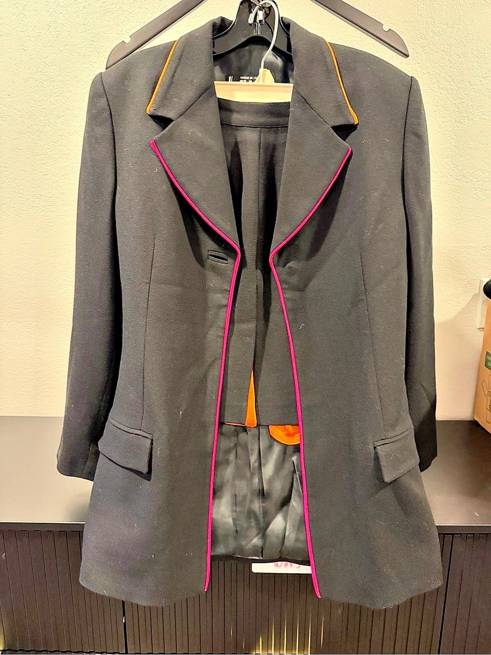 Alma Vintage Italian Wool Black Suit Set Neon Pink Orange Trim Size 42 / Medium